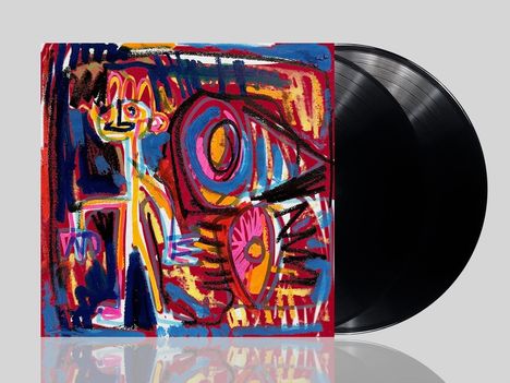 Gemälde mit bunten, abstrakten Figuren in lebendigen Rottönen, Blau und Gelb. Daneben schwarze Schallplatten.