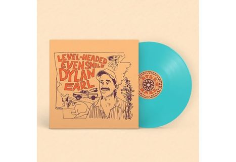 „LEVEL-HEADED EVEN SMILE DYLAN EARL“ in Rot auf hellbraunem Hintergrund, daneben eine blaue Schallplatte. Illustration mit Gesicht.