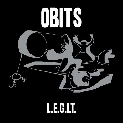 OBITS oben, L.E.G.I.T. unten. Graue, abstrakte Figuren auf schwarzem Hintergrund in dynamischen Positionen.