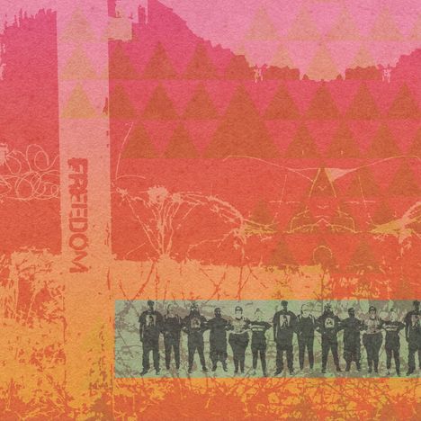 Text "FREEDOM" vertikal. Rosa, orange Töne, geometrische Muster, Menschenreihe, rustikales Design.