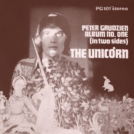 Text: "Peter Grudzien Album No. One (in two sides) The Unicorn." Ein Mann, ein Einhorn und ein mittelalterliches Muster.