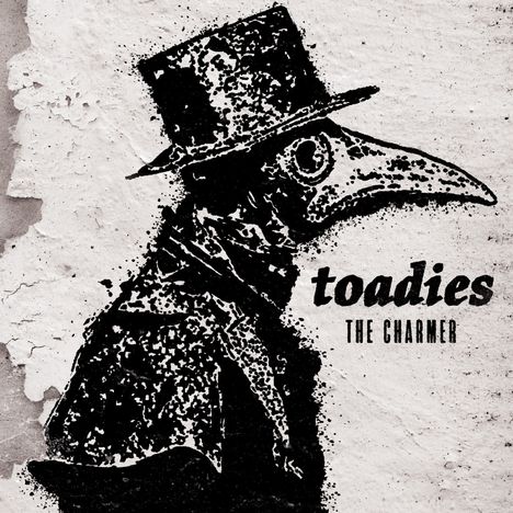Text: "toadies THE CHARMER". Illustration: Vogelmaske, Zylinder, historischer Stil auf Texturhintergrund.