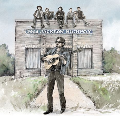 „3614 Jackson Highway“ steht auf einem Gebäude. Ein Mann spielt draußen Gitarre, oben sitzen sechs Männer.