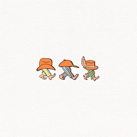 Illustration von drei stilisierten Figuren mit großen Hüten und verschiedenen Mustern auf hellgrauem Hintergrund.