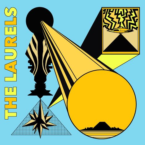 "The Laurels" in gelber Schrift vertikal links. Grafik mit schwarzen, gelben Formen, Pyramidenmuster und UFO-Illustration.