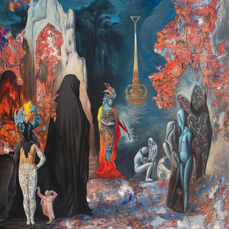 Eine surreale Szene mit bunter, verzierter Figur inmitten fantasievoller, skulpturähnlicher Gestalten und leuchtenden Farben.