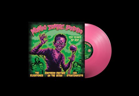 „Mondo Zombie Boogaloo“, „100 Years of Roc“. Zombie mit Mikrofon, drei Bandnamen und rosa Vinylplatte rechts.