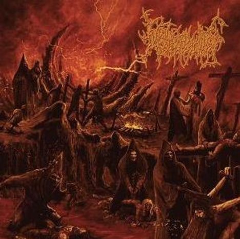 Oben rechts, unleserliches Logo. Düsteres, rotes Szenario; dunkel gekleidete Gestalten in einer unheimlichen Landschaft.