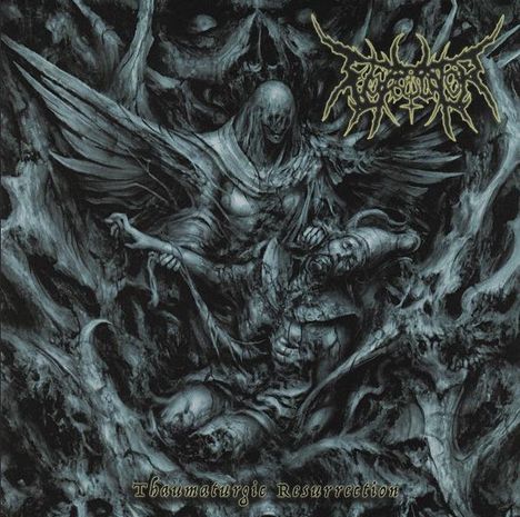 "Thaumaturgic Resurrection"; ein dunkler Engel, umgeben von chaotischen Gestalten, erscheint bedrohlich und mystisch.