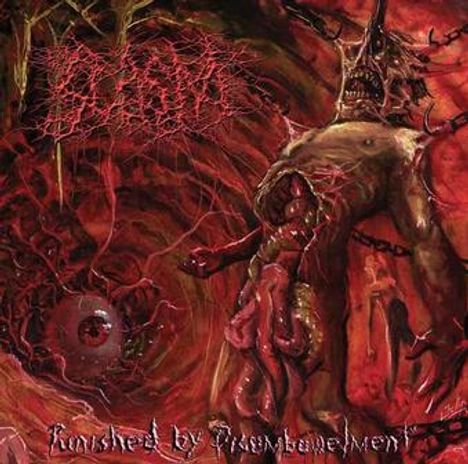 "Punished by Pure Lovenment" unten. Blutrote, groteske Darstellung eines gefesselten Wesens mit Tentakeln.