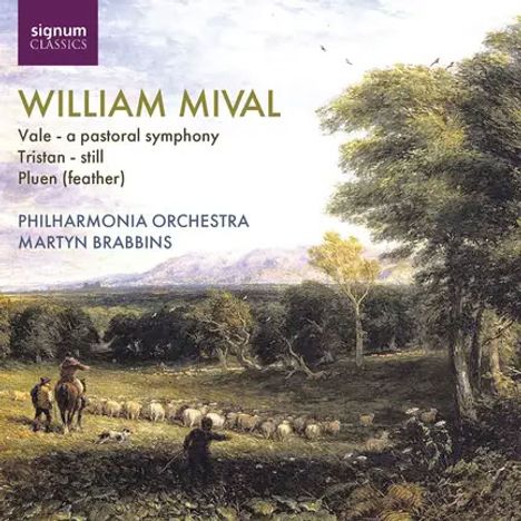 Texte: "WILLIAM MIVAL", "Vale - a pastoral symphony". Illustration: Landschaft mit Hirte und Schafen.