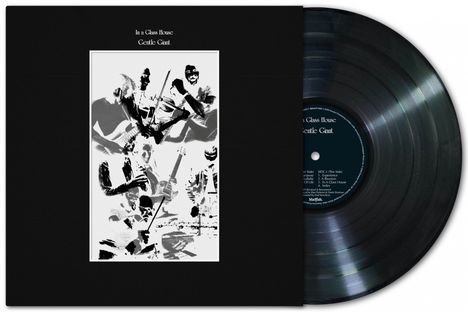Oben steht: "In a Glass House, Gentle Giant." Schwarz-weißes Bild einer Band, die Instrumente spielt.
