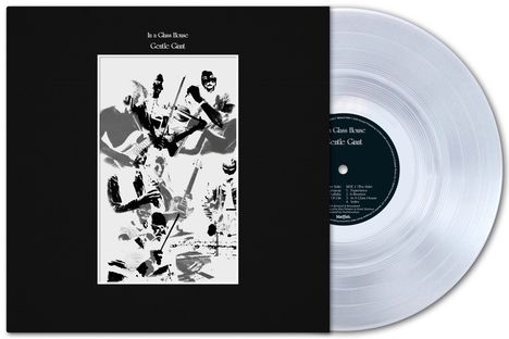 Text: "In a Glass House" und "Gentle Giant". Schwarzes Albumcover mit negativem Bandfoto. Durchsichtige Schallplatte.