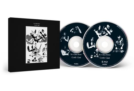 Zwei CDs und eine Hülle mit dem Text: "In a Glass House, Gentle Giant", begleitet von schwarz-weißen Fotos der Band.
