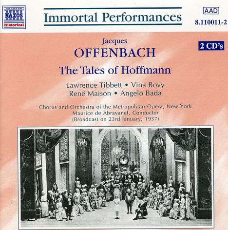 "Immortal Performances" steht oben, darunter Jacques Offenbachs "The Tales of Hoffmann". Schwarz-weißes Opernbühnenfoto unten.