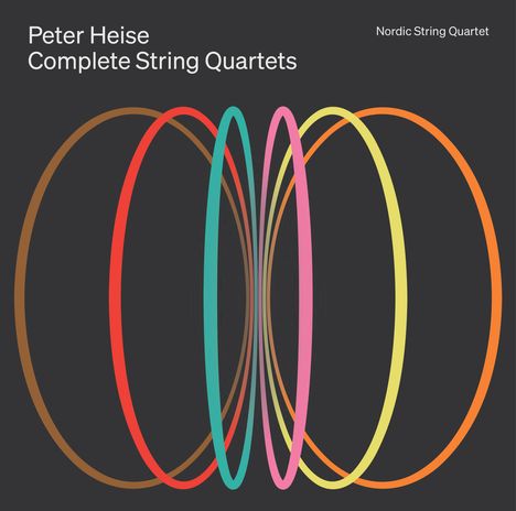 „Peter Heise Complete String Quartets“ und „Nordic String Quartet“. Farbige, verschlungene Ovale auf schwarzem Hintergrund.