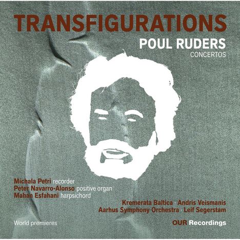 "TRANSFIGURATIONS POUL RUDERS CONCERTOS" steht groß oben. Darunter ist eine stilisierte weiße Gesichtszeichnung.