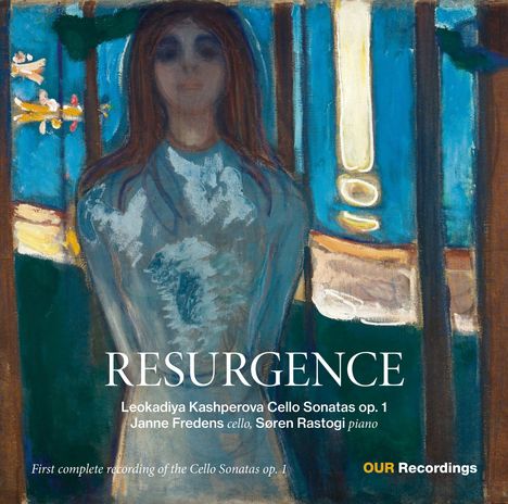 Rezitation von "RESURGENCE" und musikalische Details auf einem Gemälde einer unscharfen Person vor abstraktem Hintergrund.