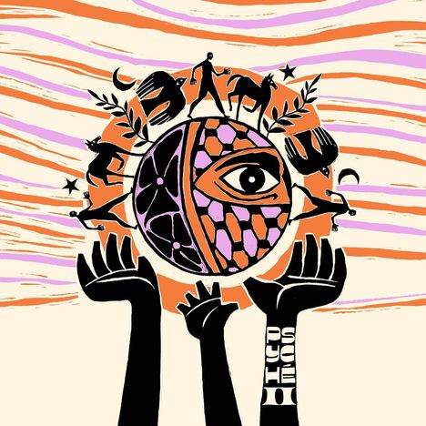 Illustration mit "PSYCHE" auf einem Arm, einem Auge, Figuren und Tieren um eine dekorative Kugel.