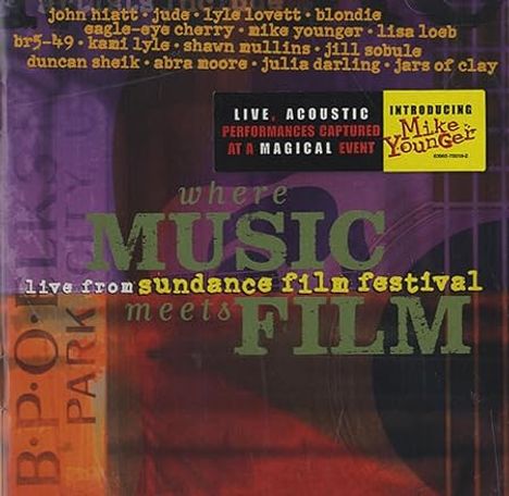 Texte: "Where MUSIC meets FILM" und "live from Sundance Film Festival". Bunte, überlagernde Buchstaben und Namen.