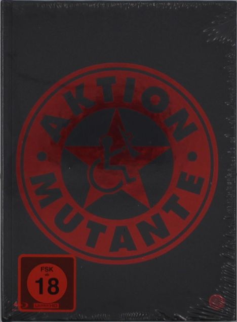 "AKTION MUTANTE" steht in einem roten Kreis um ein rotes Symbol mit einem Rollstuhlfahrer und Gewehr. FSK 18 unten links.