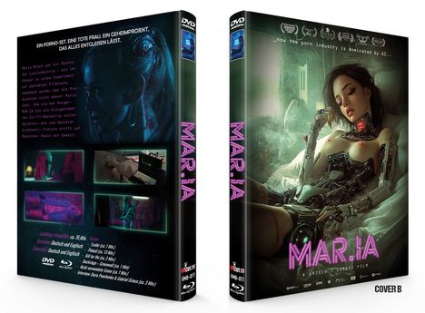 Texte: "MAR.IA", "Ein Porno-Set...", "now the porn industry...", technische Details zur DVD. Cover zeigt eine Cyborg-Frau.