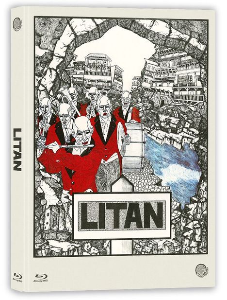 "LITAN" steht auf einem Schild. Im Hintergrund zerstörte Gebäude, im Vordergrund Figuren in roten Anzügen mit Instrumenten.