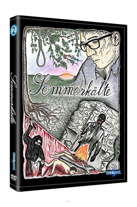 „Sommerkälte“ in eleganter Schrift. Zu sehen sind düstere Szenen mit Personen, einem Galgen und Flammen.