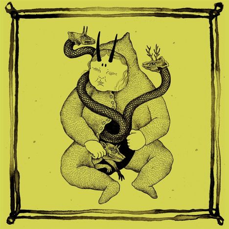 Illustration: Eine Kreatur mit Kapuze und Hörnern sitzt, umwickelt von einer Schlage mit drei Tierköpfen.