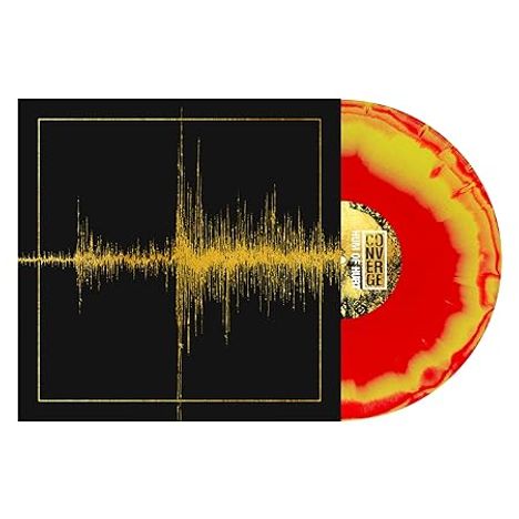 Text: „Converge“. Gelb-rotes Vinyl mit Schallwellen-Design in Gold auf schwarzem Cover.
