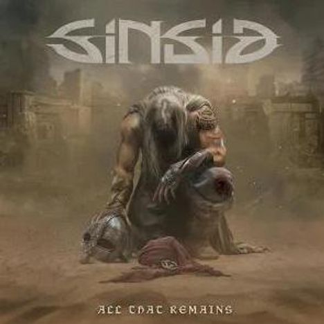 "Sinsid" und "All That Remains". Krieger kniet in Ruinen, hält Schild und Helm, düstere Atmosphäre.
