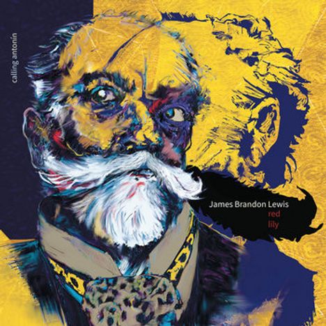 "James Brandon Lewis, red lily", "calling antonin". Illustration: Abstrakte, bunte Darstellung eines Mannes mit Bart.