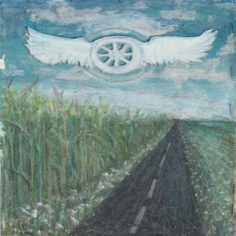 Logo: Rad mit Flügeln, Illustration: Eine Straße zwischen Feldern, wildes Gras mit Blumen, blauer Himmel mit Wolken.