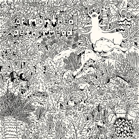 "of montreal aethermead" in großen Buchstaben. Detailreiche, fantasievolle Landschaft mit Pflanzen, Fabelwesen und Bergen.