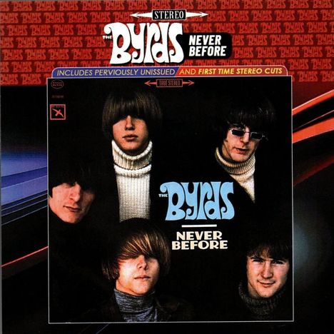 "The Byrds Never Before" in großen Buchstaben, darunter ein Foto von fünf Männern in Rollkragenpullovern.