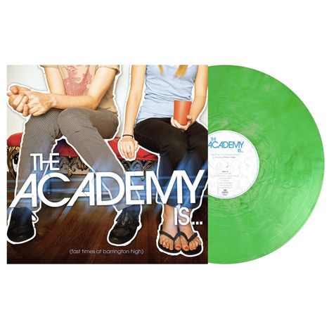 "The Academy Is... (fast times at barrington high)" in großer Schrift. Zwei Personen sitzen auf einem roten Sofa. Grünes Vinyl.