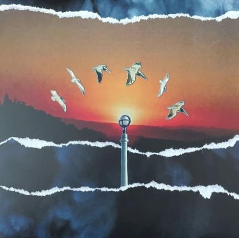 Illustration: Sechs Vögel fliegen im Halbkreis über einer Laterne vor einem Sonnenuntergang mit zerrissenen Wolken.
