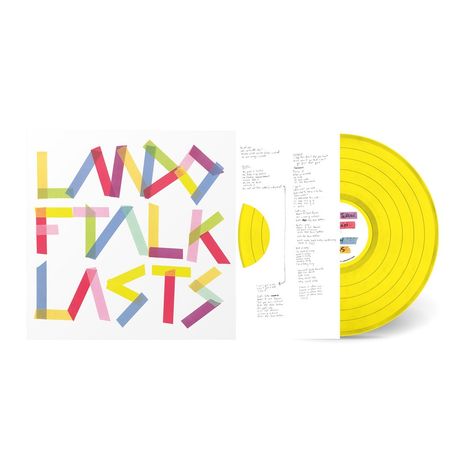 Buntes Buchstabendesign: "LAND TALK LASTS". Gelbe Vinylplatte sichtbar, handgeschriebene Notizen daneben.