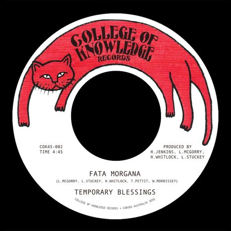 "College of Knowledge Records," "Fata Morgana," "Temporary Blessings"; Illustration einer roten Katze oben.
