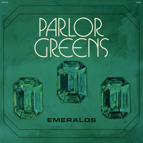 "Parlor Greens" und "Emeralds" in einem kunstvollen Schriftzug auf einem grünen Hintergrund mit drei Edelsteinen.