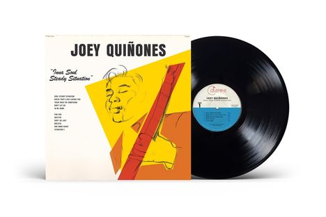 Vinyl-Album mit gelbem Cover, "JOEY QUIÑONES" oben, Titel "Inna Soul Steady Situation" und schwarz-weiße Illustration.