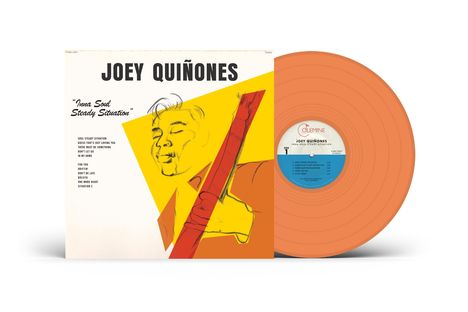 "JOEY QUIÑONES", Albumtitel "Inna Soul Steady Situation". Portrait eines Mannes mit Gitarre, orangefarbene Vinyl-Schallplatte.