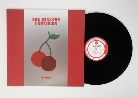 "The Winston Brothers", "Sweets". Illustration: Zwei Kirschen auf silbernem Hintergrund neben einer schwarzen Schallplatte.