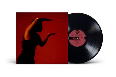 Schriftzug "Ghost Funk Orchestra" auf Schallplatte, Silhouette einer Person auf rotem Hintergrund im Profil.