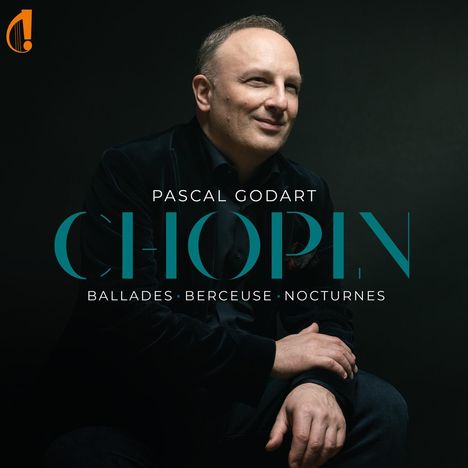 Text: "Pascal Godart," "Chopin," "Ballades," "Berceuse," "Nocturnes."  
Mittelalter Mann sitzt in dunkler Kleidung. Links oben Logo.