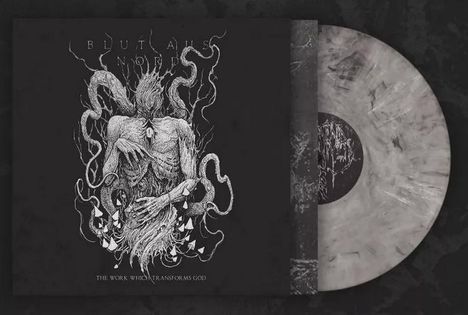 Auf schwarzem Hintergrund eine weiße, abstrakte Kreatur mit vielen Tentakeln, "BLUT AUS NORD" und "THE WORK WHICH TRANSFORMS GOD". Links ist ein Schallplattencover, rechts die zugehörige marmorierte Schallplatte.