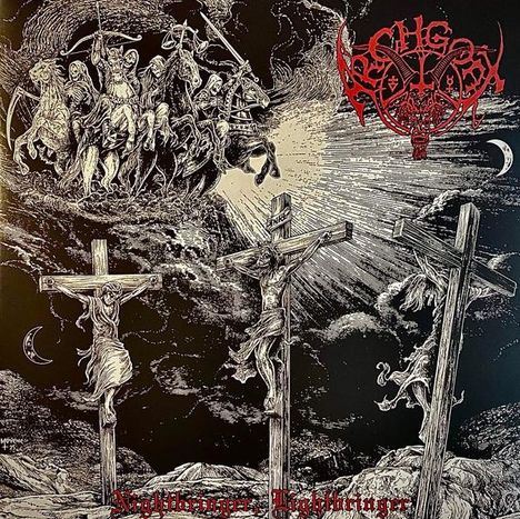 „Nightbringer: Ügghingsr“, Bandillustration von drei gekreuzigten Figuren, apokalyptische Reiter im Hintergrund, Mondschein.