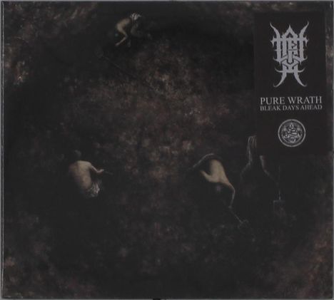 "PURE WRATH BLEAK DAYS AHEAD" steht neben einem Symbol. Dunkle, düstere Szene mit drei Personen im Boden.