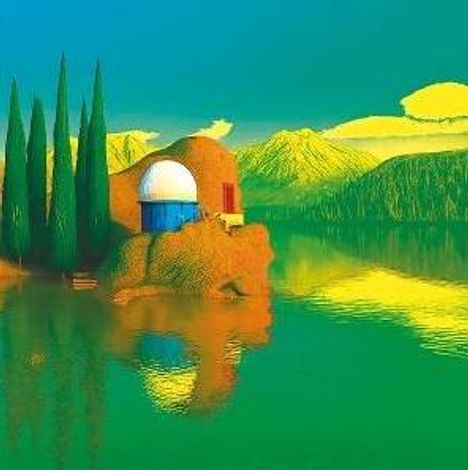 Eine futuristische Landschaftsillustration mit leuchtenden Farben: Zypressen, ein Gebäude am See, Berge und bunte Spiegelungen.