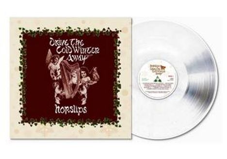 Text: "Drive The Cold Winter Away, Horslips." Illustration von Musikern mit Instrumenten, weiße Schallplatte rechts.